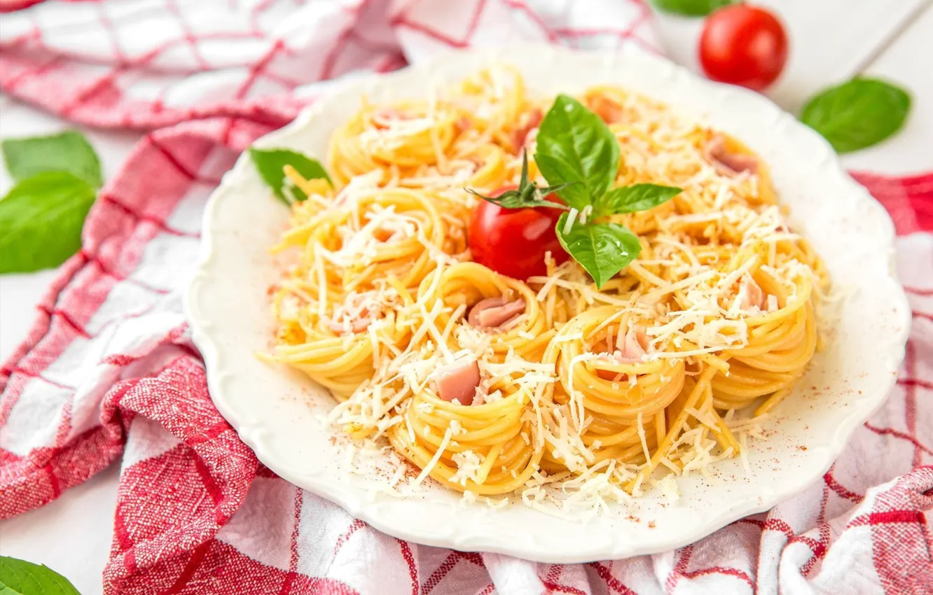 Photo wallpaper cheese, tomatoes, spaghetti, pasta, Basil