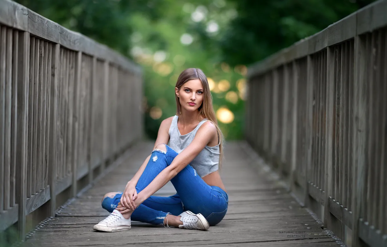 Photo wallpaper greens, trees, bridge, nature, sexy, pose, model, jeans