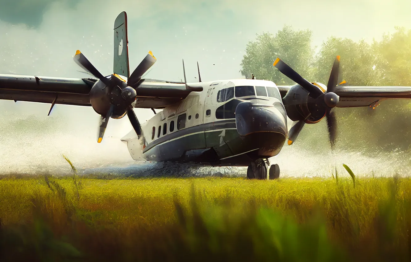 Photo wallpaper grass, trees, propeller, the plane, the rise, digital art, AI art, The Art of Artificial …