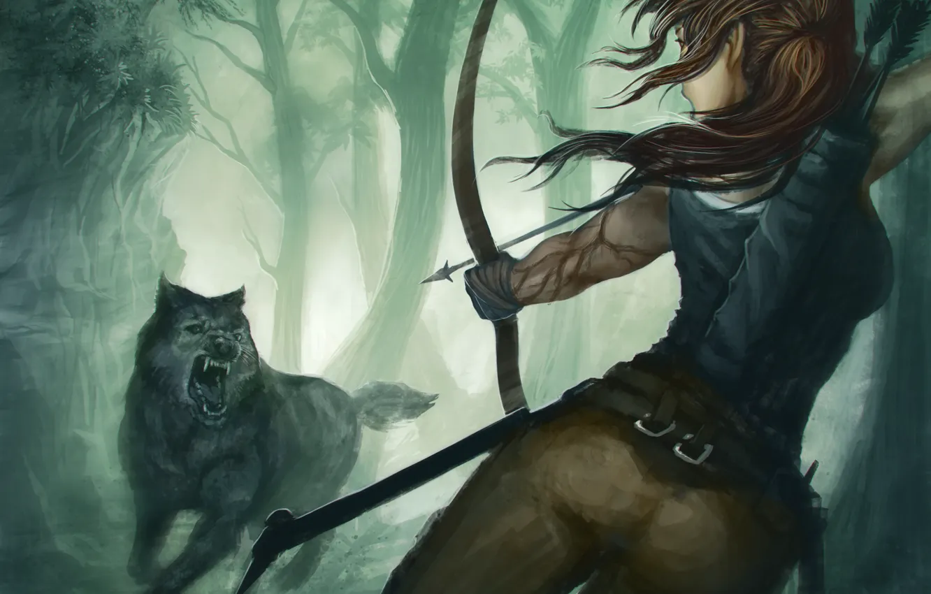 Photo wallpaper girl, the game, wolf, predator, bow, art, mouth, Tomb Raider
