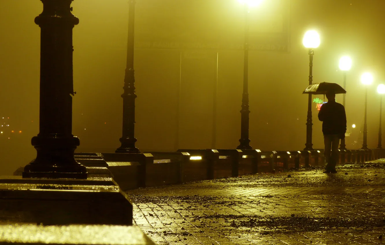 Photo wallpaper lights, loneliness, rain, people, the evening, promenade