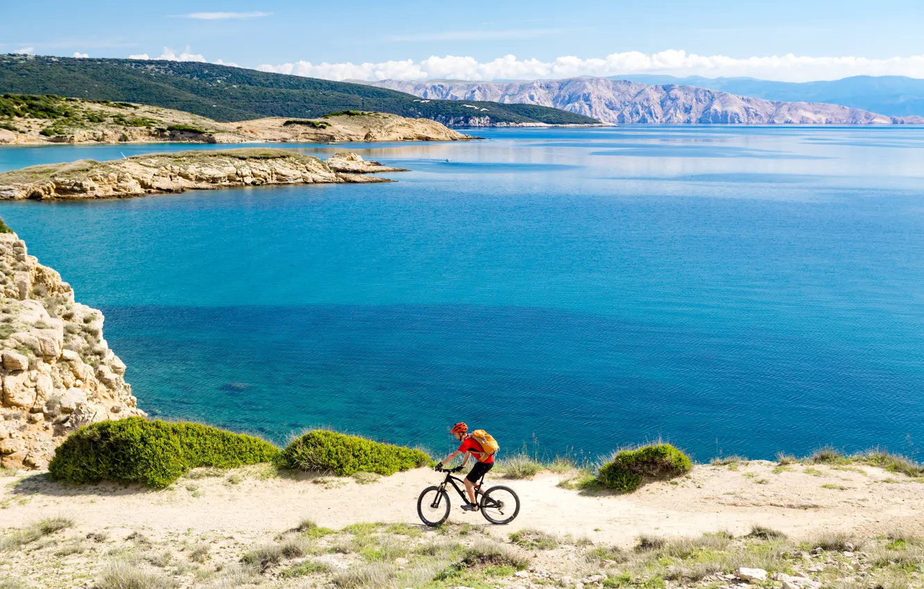 Photo wallpaper the sun, landscape, mountains, bike, stay, shore, sport, shorts