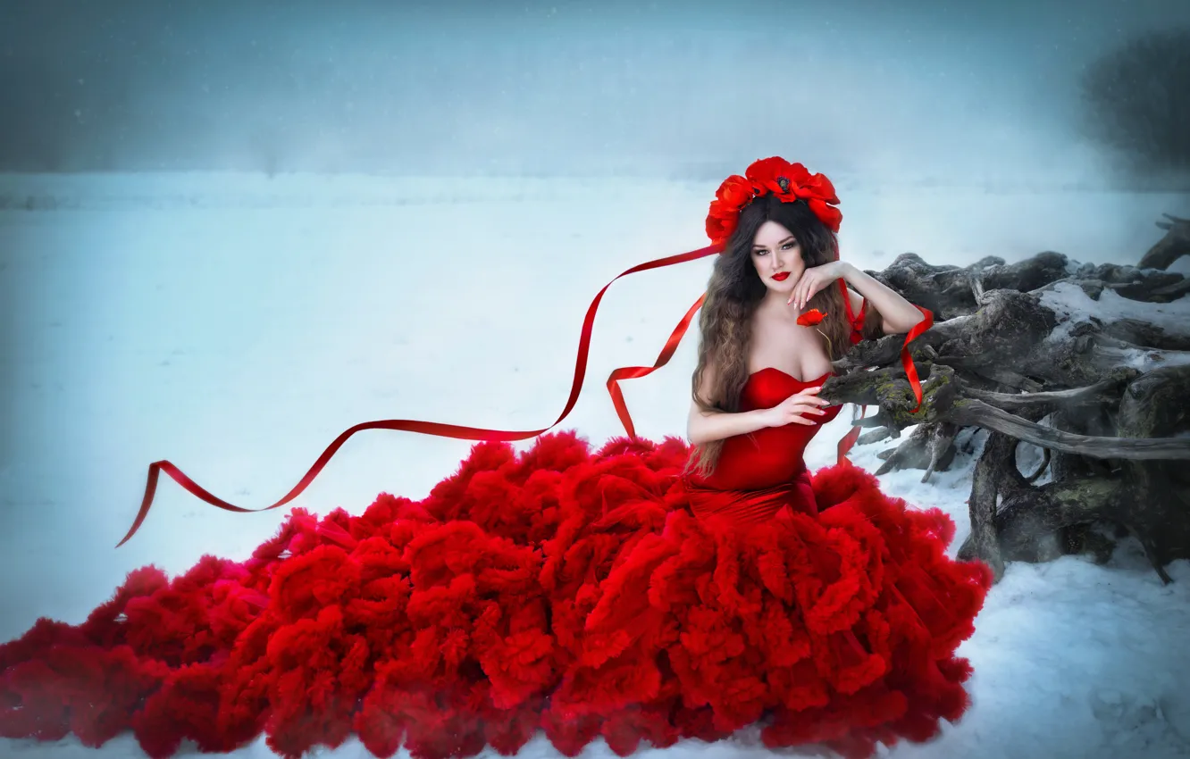 Photo wallpaper winter, girl, snow, woman, tape, outfit, image, snag