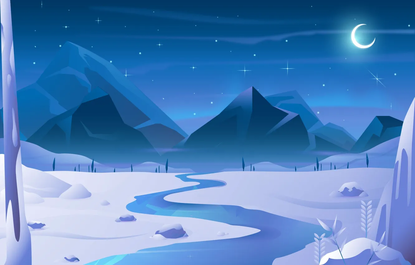Photo wallpaper winter, the sky, stars, snow, trees, landscape, mountains, night