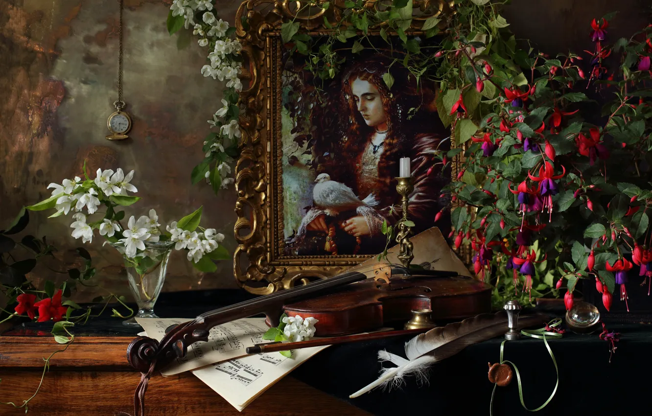 Photo wallpaper flowers, branches, notes, violin, watch, glass, picture, feathers