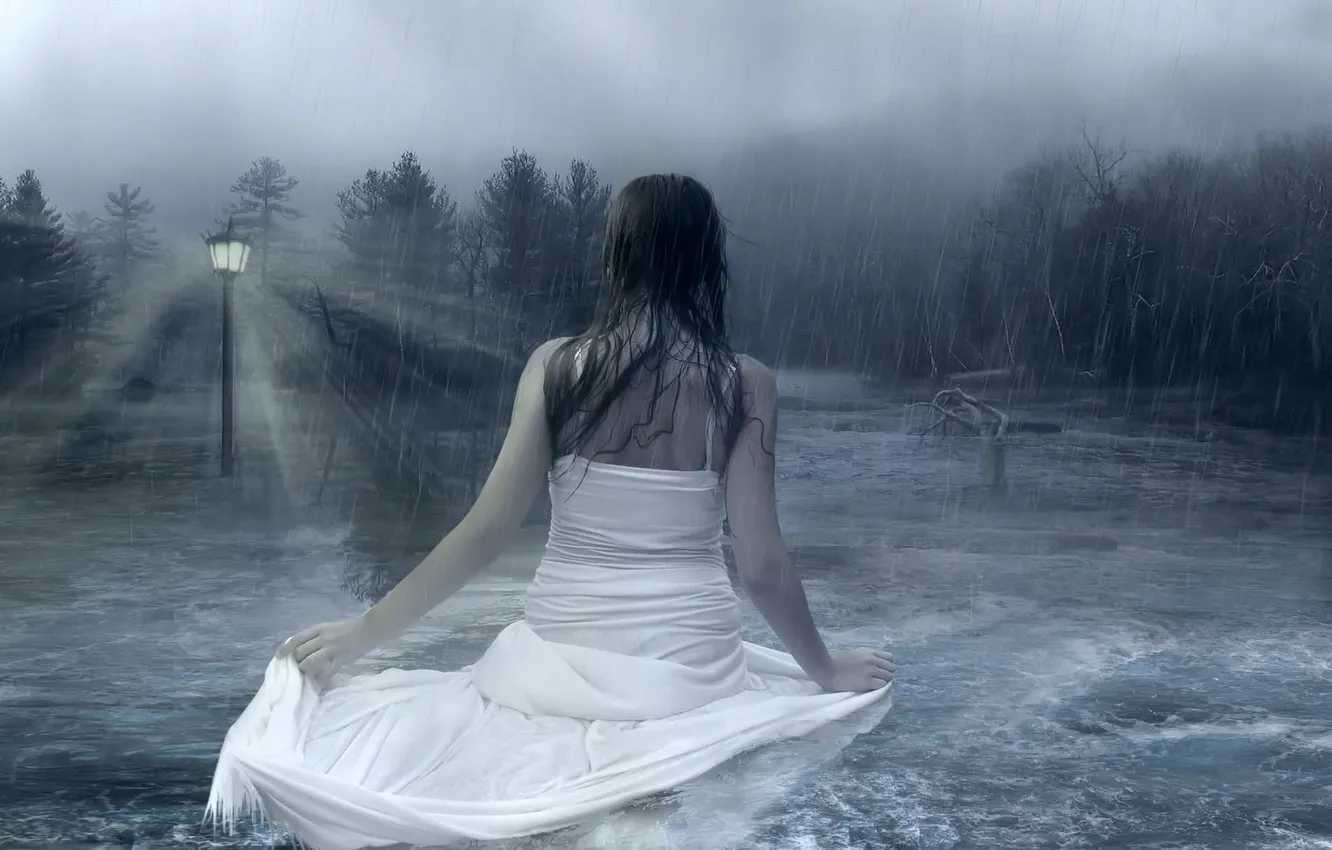 Photo wallpaper forest, girl, rain, wet, lights, flood