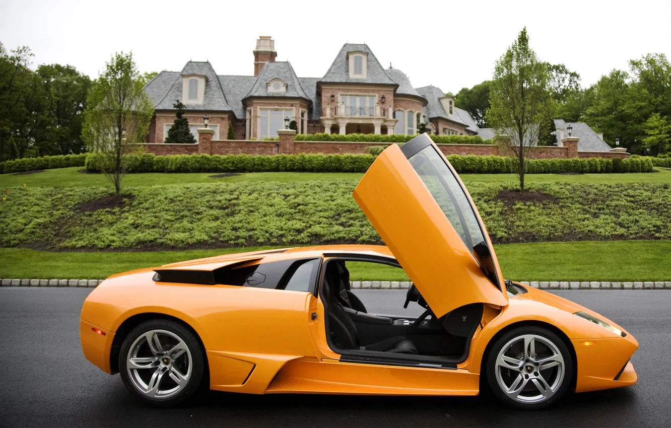 Photo wallpaper road, yellow, street, Lamborghini, murcielago, Lamborghini, house.