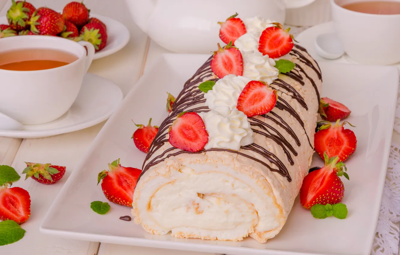 Photo wallpaper berries, biscuit, cream, strawberry