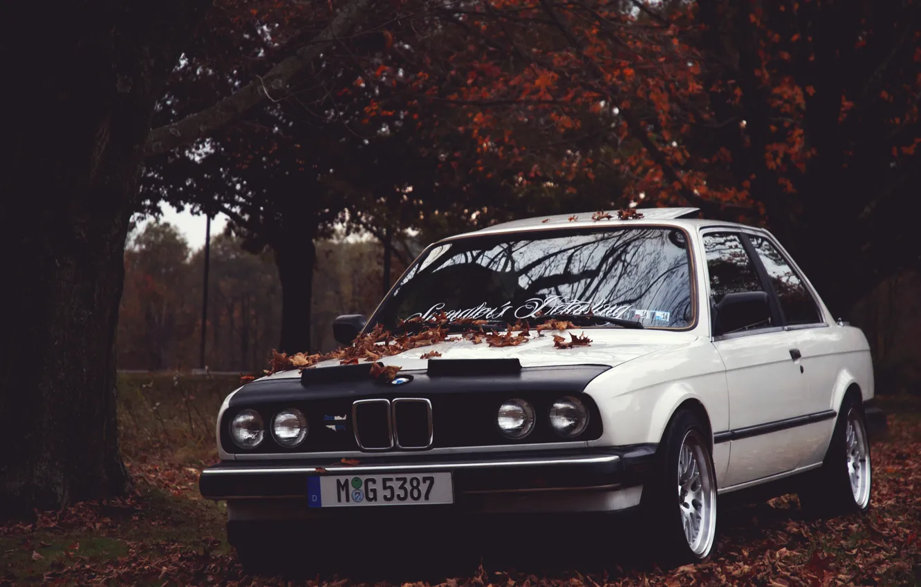 Photo wallpaper autumn, leaves, BMW, BMW, E30, Stance