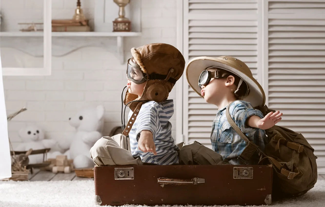 Photo wallpaper the game, toys, hat, suitcase, backpack, bears, boys, pilots