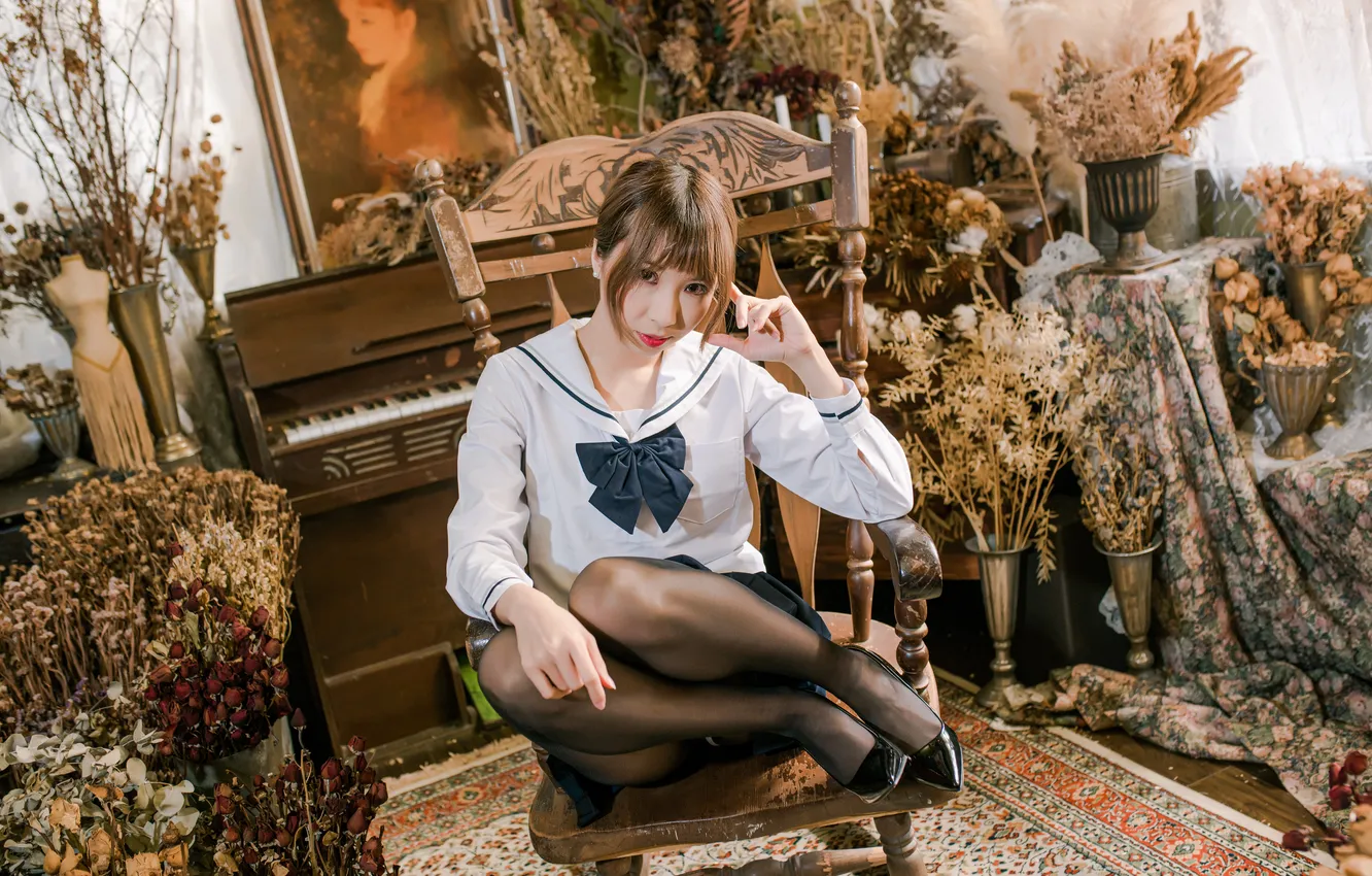 Photo wallpaper girl, chair, Asian
