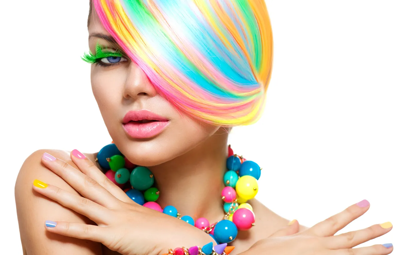 Photo wallpaper girl, style, hands, makeup, beads, color, hair, manicure