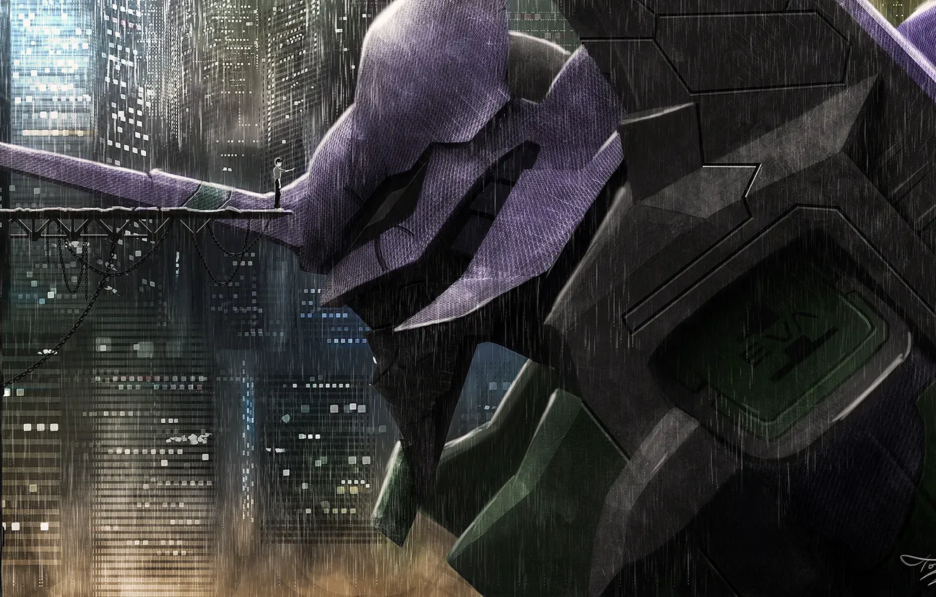 Photo wallpaper the city, robot, guy, Eva, Evangelion