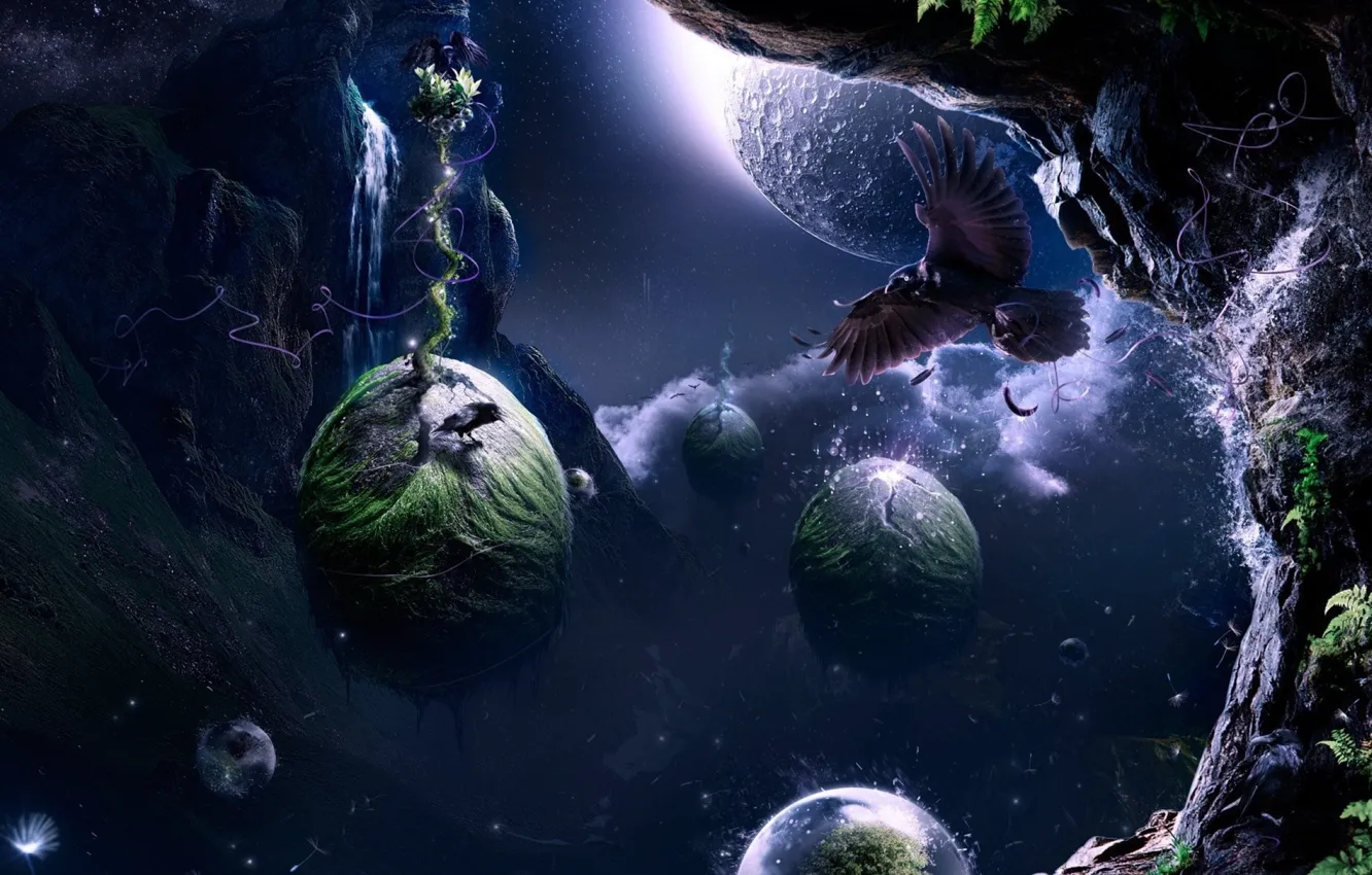 Photo wallpaper the wreckage, space, clouds, trees, green grass, planet, fantasy art, Inna world