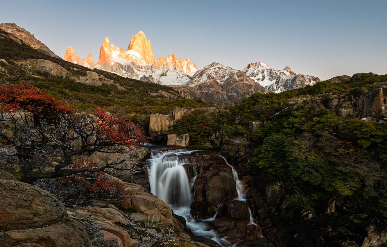 Photo wallpaper trees, mountains, waterfall, Andes