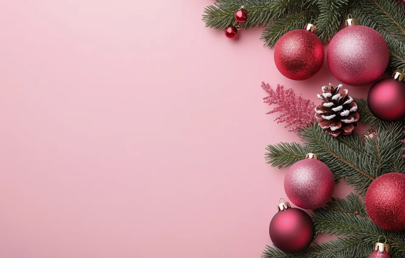 Photo wallpaper sprig, new year, texture, Christmas, pink, needles, pink background, bumps