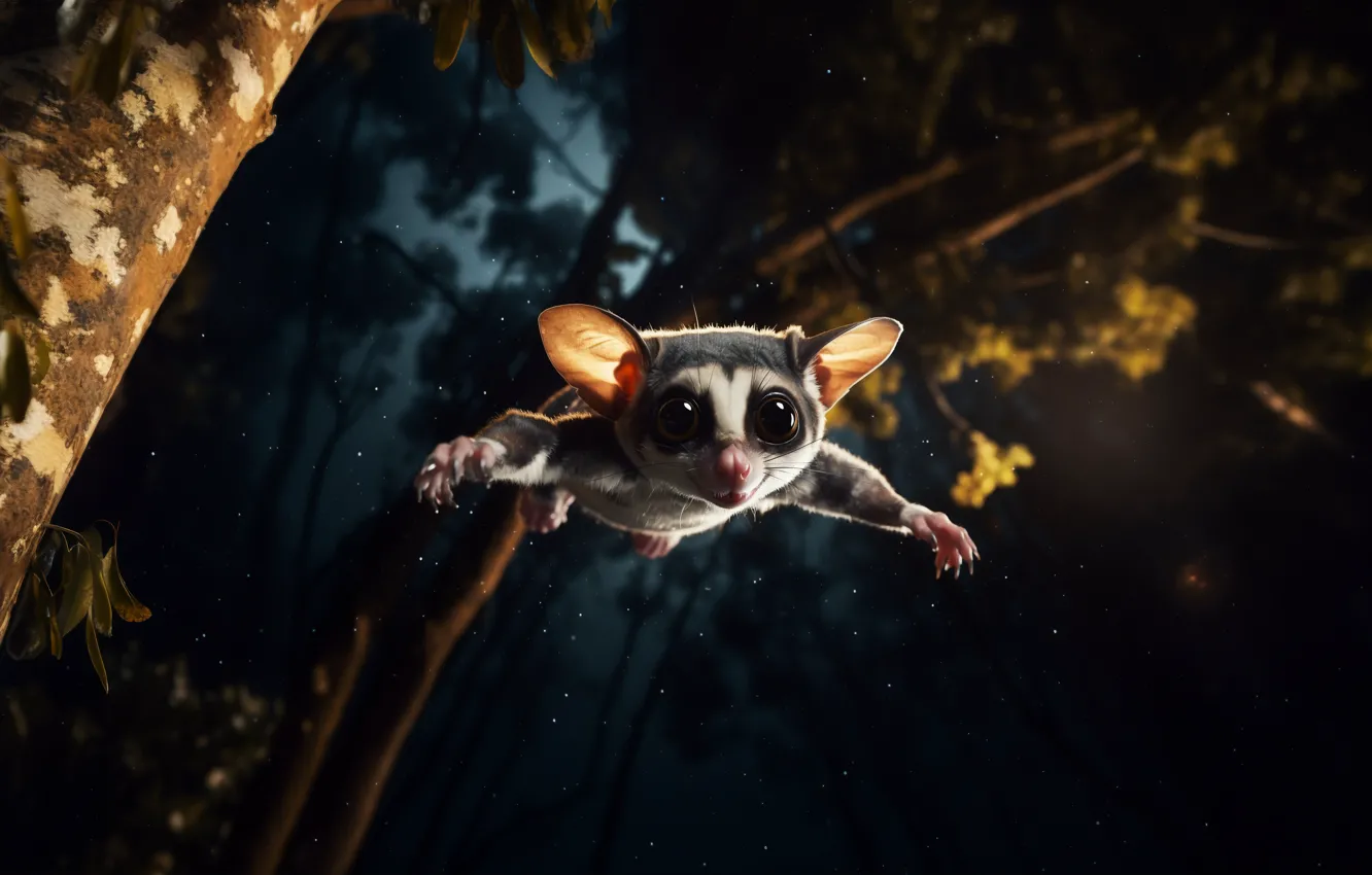 Photo wallpaper eyes, look, trees, flight, night, branches, pose, fog