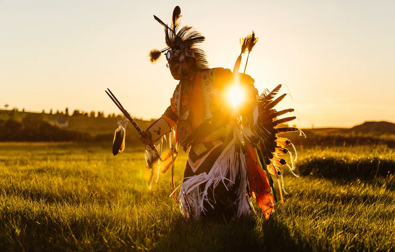 Photo wallpaper field, sunrise, Indian, American Indians, the sun dance