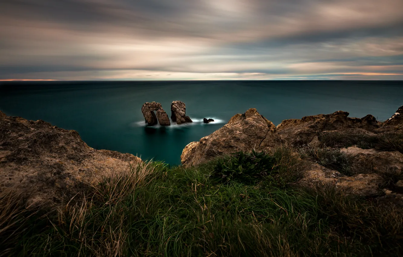 Photo wallpaper sea, grass, clouds, landscape, nature, overcast, rocks, shore