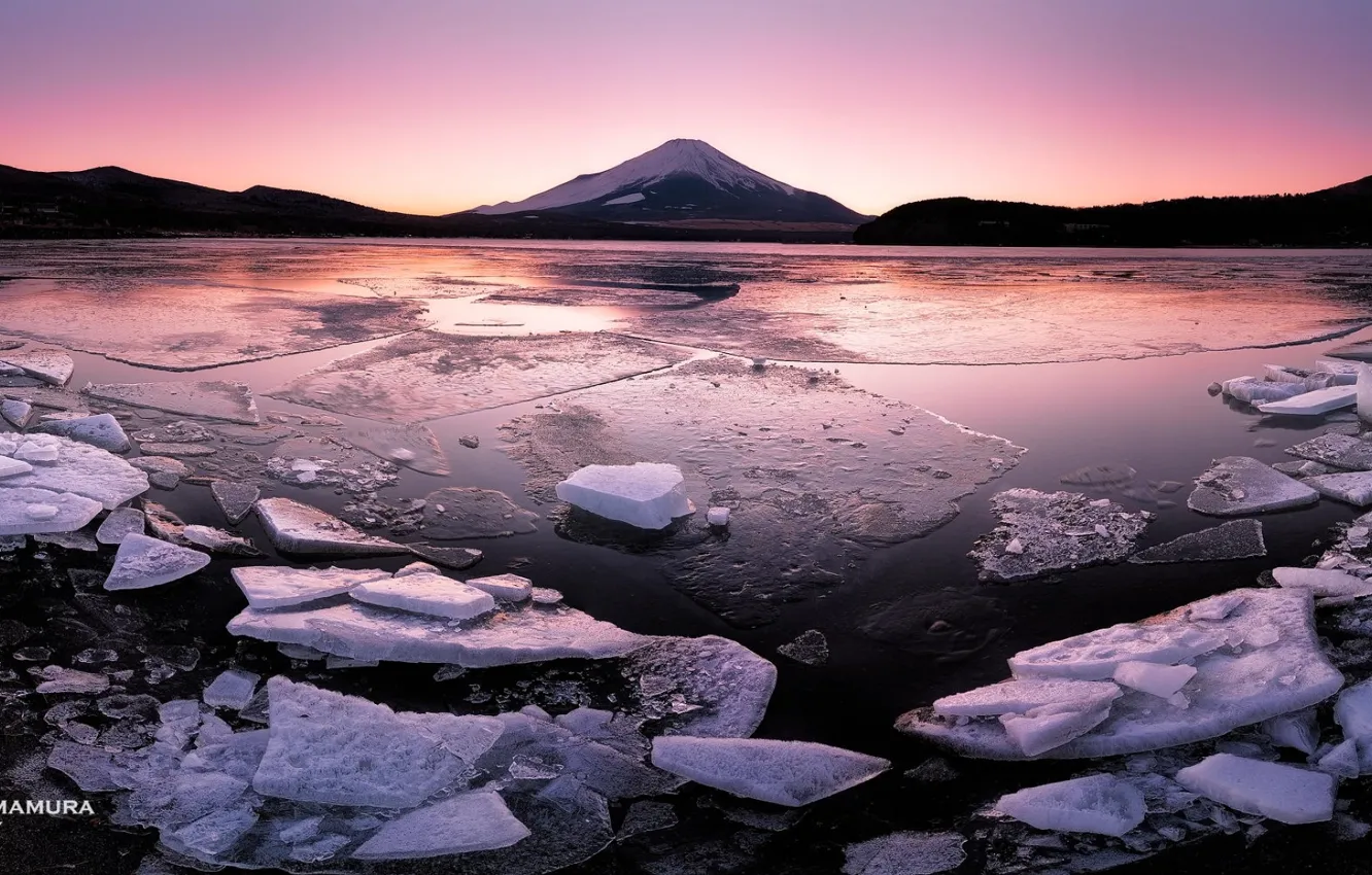 Photo wallpaper sunset, ice, Japan, photographer, Kenji Yamamura, Lake Yamanaka