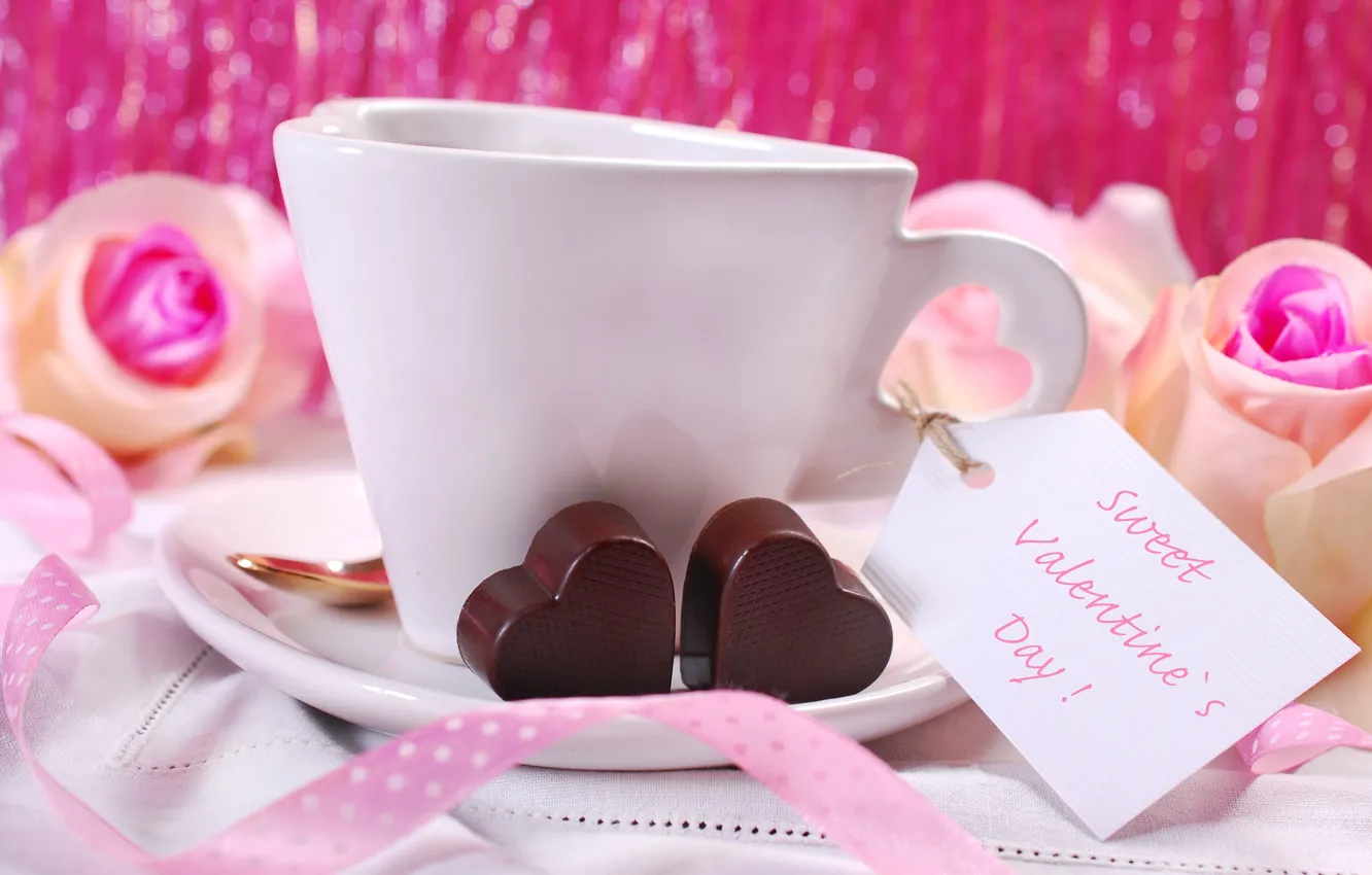 Photo wallpaper coffee, roses, candy, tape, hearts, pink, sweet