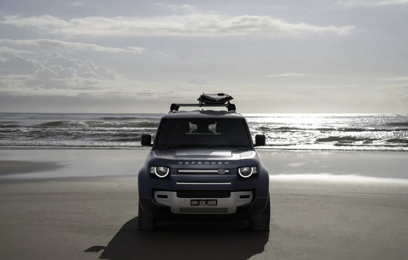 Photo wallpaper car, Land Rover, sea, front, Defender, Land Rover Defender 90 Pacific Blue Edition
