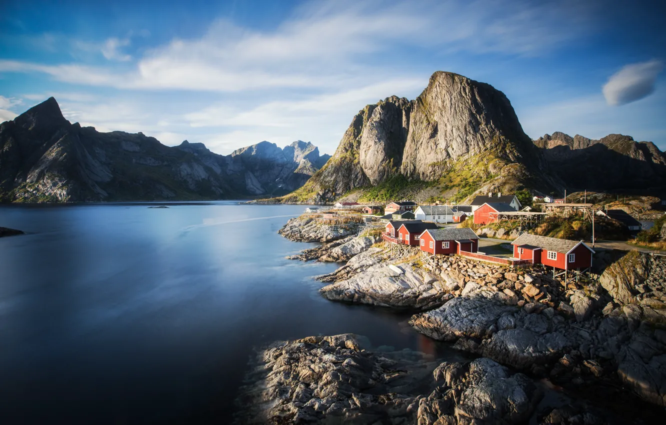 Photo wallpaper mountains, shore, house, the folding, Lofoten
