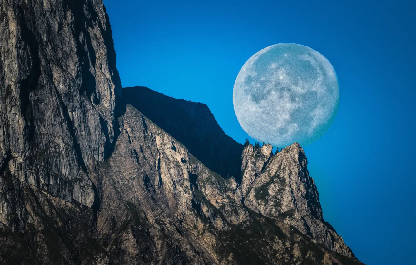 Photo wallpaper the sky, mountains, night, rocks, the moon, the full moon