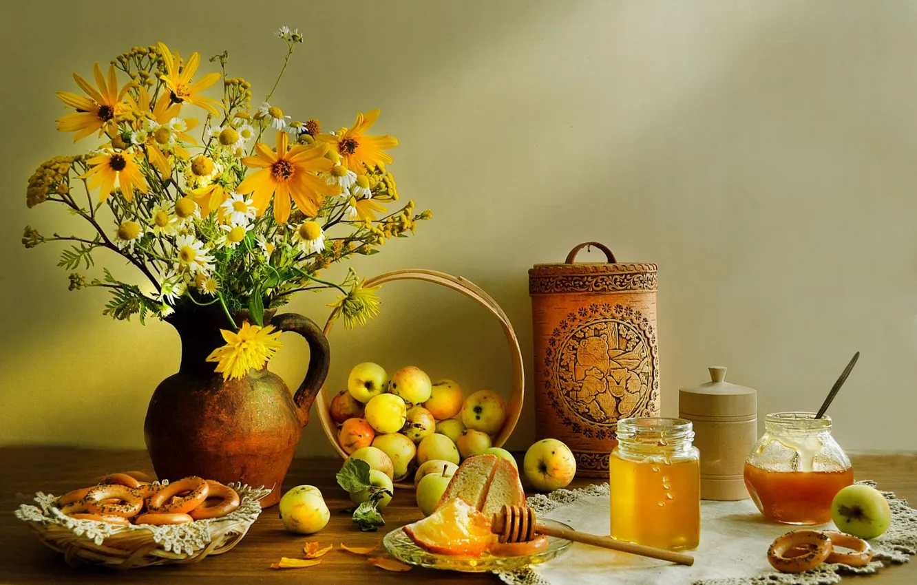 Photo wallpaper flowers, apples, bouquet, honey, bread, bagels, still life, still life