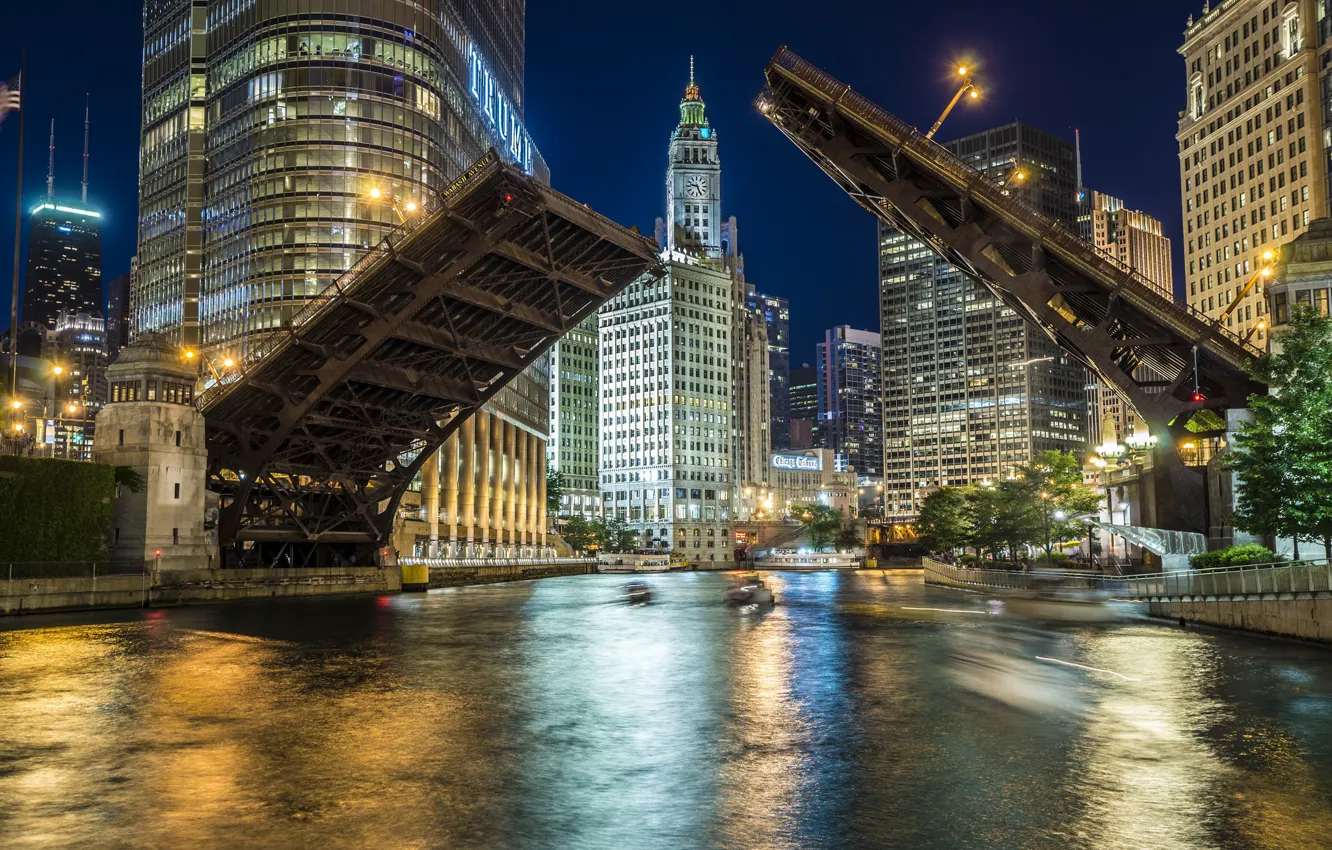 Photo wallpaper bridge, river, night lights, building, skyscrapers, night city