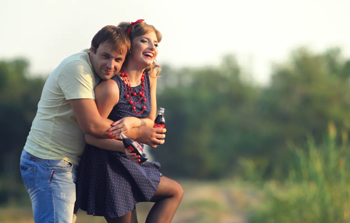 Photo wallpaper joy, nature, woman, bottle, hugs, pair, male, drink