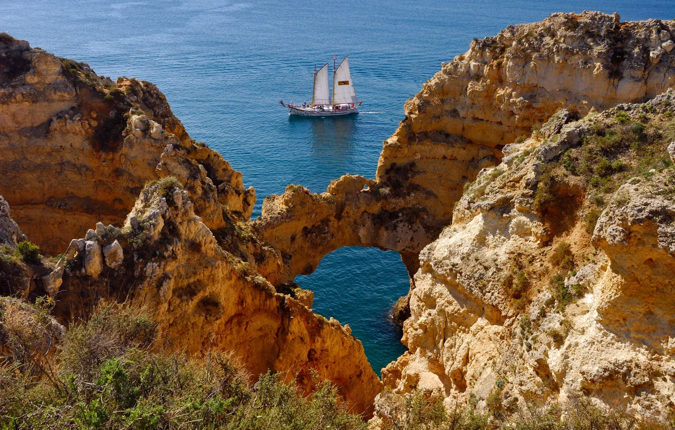 Photo wallpaper sea, landscape, nature, rocks, sailboat, yacht, Portugal