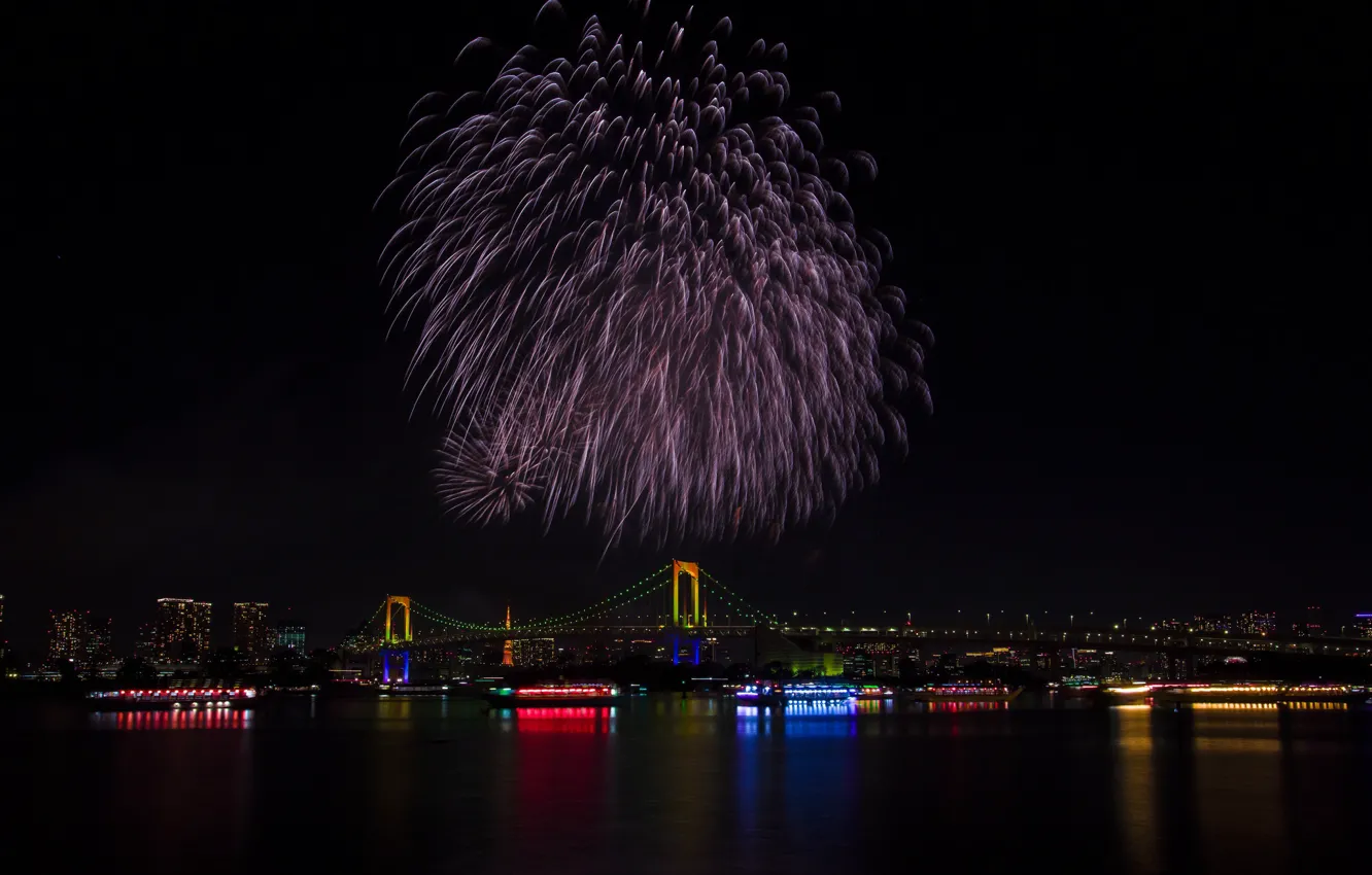 Photo wallpaper lights, holiday, the building, Tokyo, Japan, Rainbow Bridge, fireworks