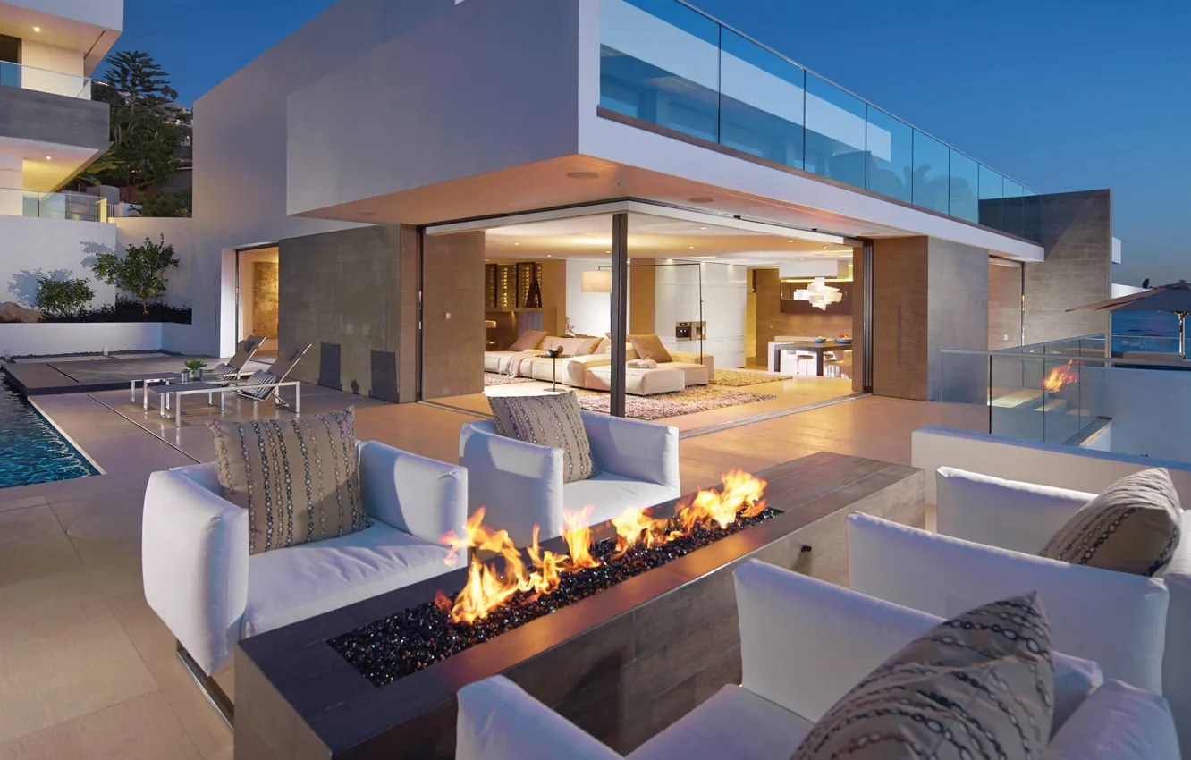 Photo wallpaper space, Villa, interior, pool, CA, USA, architecture, hearth