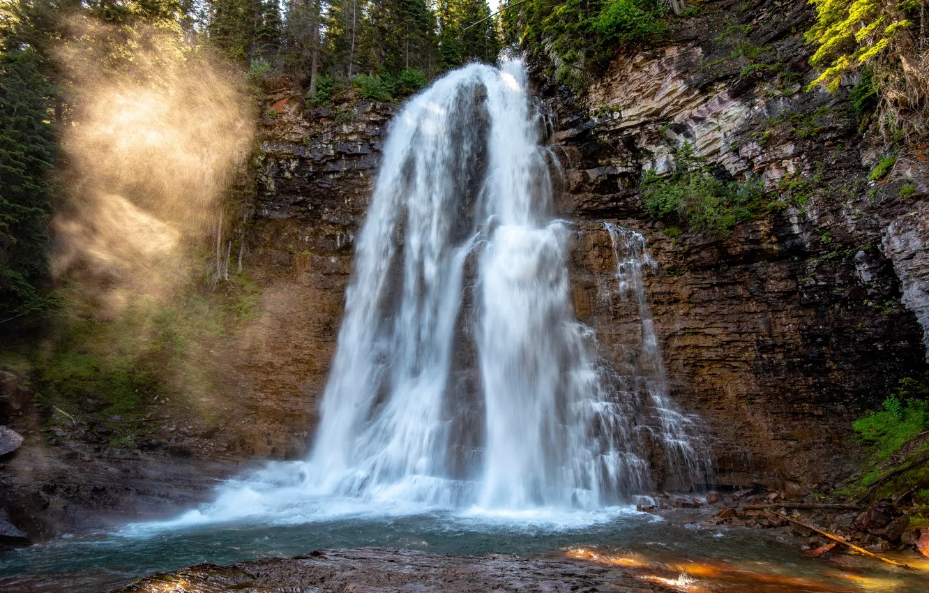 Photo wallpaper forest, the sun, trees, stones, rocks, waterfall, USA, Glacier National Park
