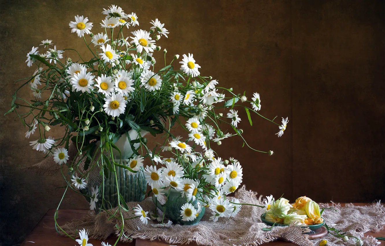 Photo wallpaper flowers, table, chamomile, fabric, vase, flowers, saucer