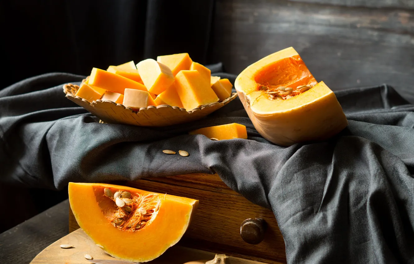 Photo wallpaper table, grey, plate, fabric, pumpkin, chopped, still life, box