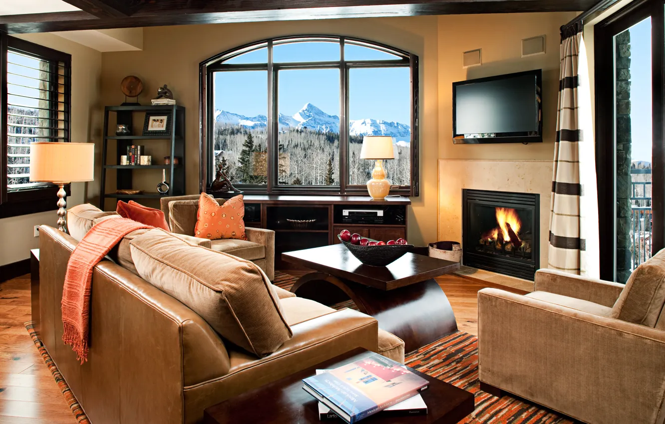 Photo wallpaper living room, Villa, fireplace, resort, Suite, mountain view