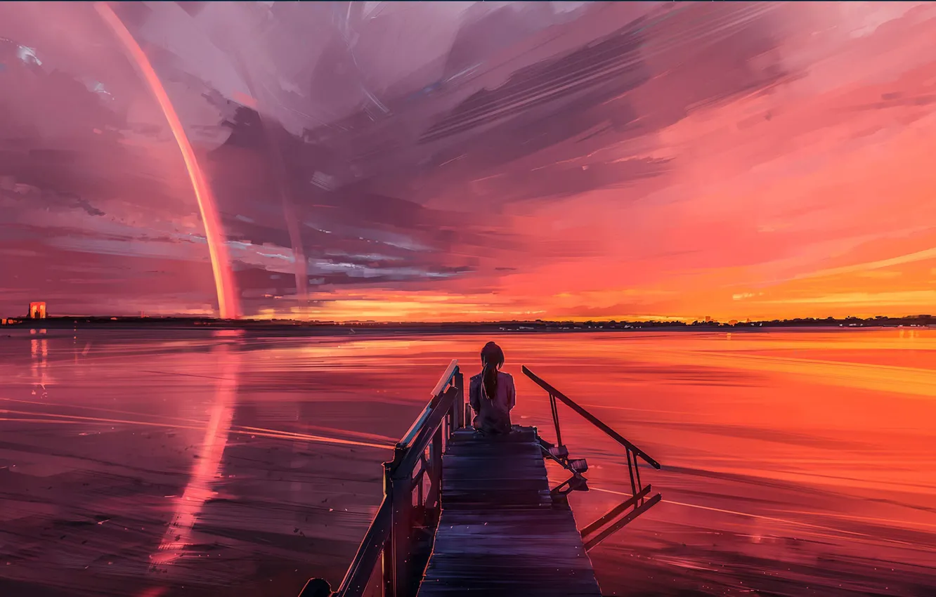 Photo wallpaper Sunset, The sky, Girl, Lake, River, Pierce, Fantasy, Art