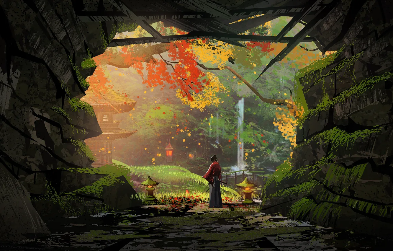 Photo wallpaper japan, nature, art, autumn, leafs, waterfall, samurai, cave