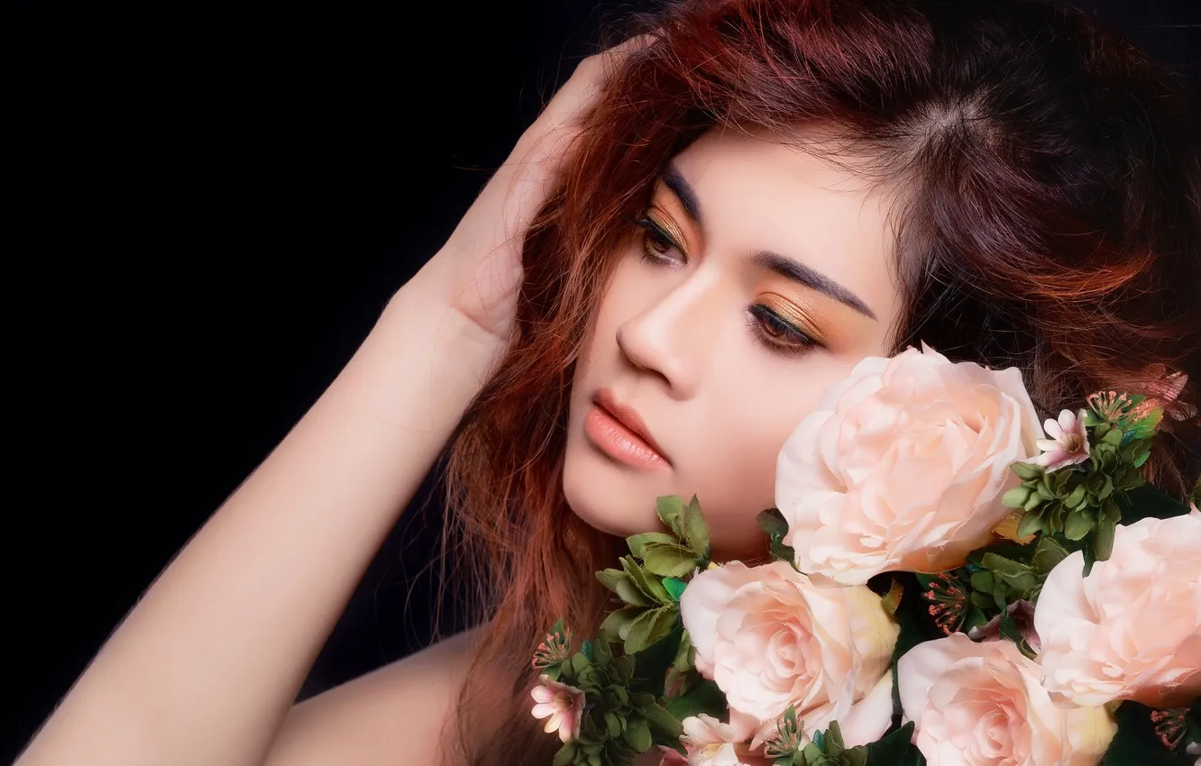 Photo wallpaper flowers, face, hair, portrait, roses, makeup, Asian