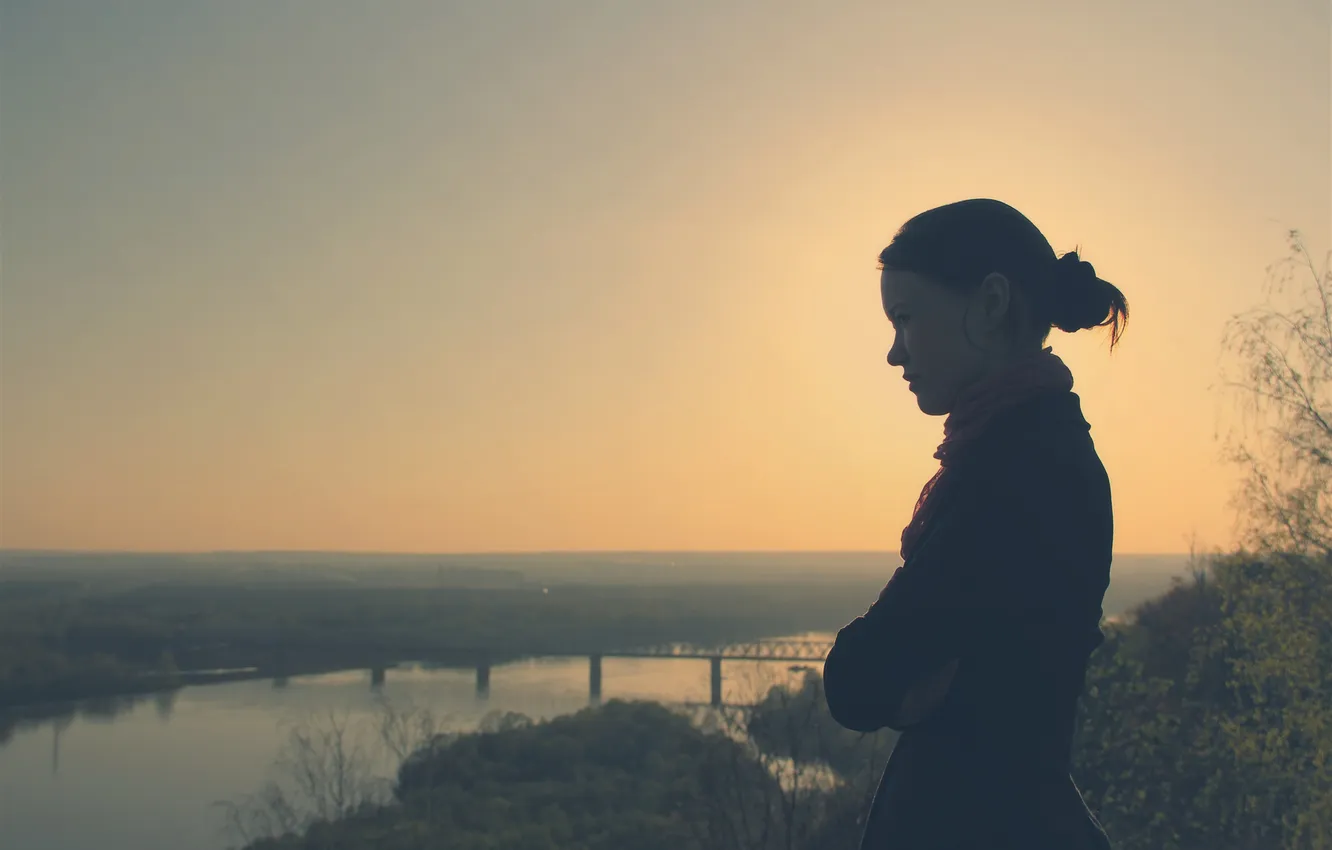 Photo wallpaper forest, the sky, look, sunset, bridge, nature, river, dawn