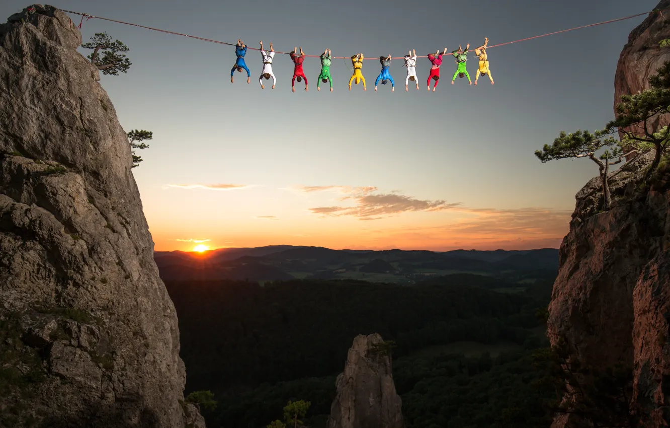 Photo wallpaper sunset, mountains, people, height, rope, Tibet, prayer, a religious symbol