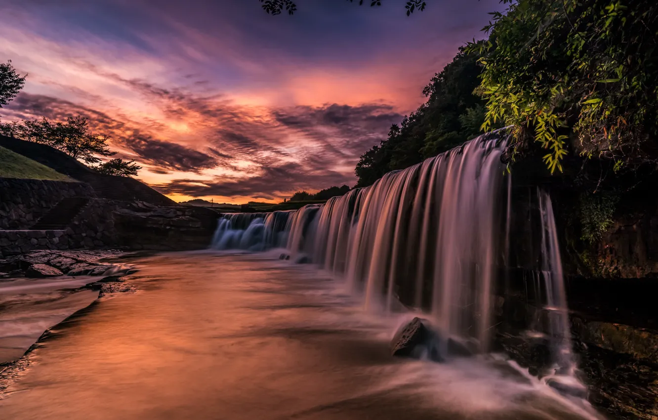 Photo wallpaper river, dawn, waterfall, morning, Japan, cascade, Black waterfall