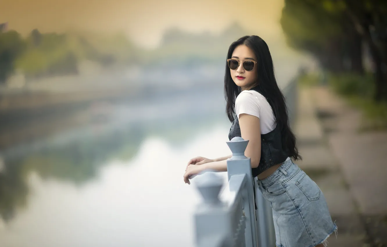 Photo wallpaper girl, nature, river, glasses, Asian