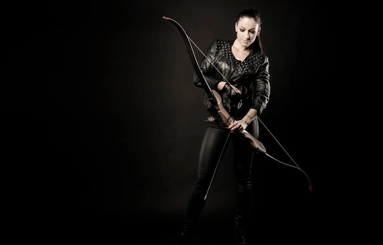 Photo wallpaper girl, background, bow, arrows, leather jacket