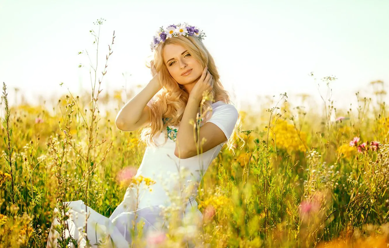 Photo wallpaper field, girl, blonde, blue eyes, Russian beauty, Slavyanka