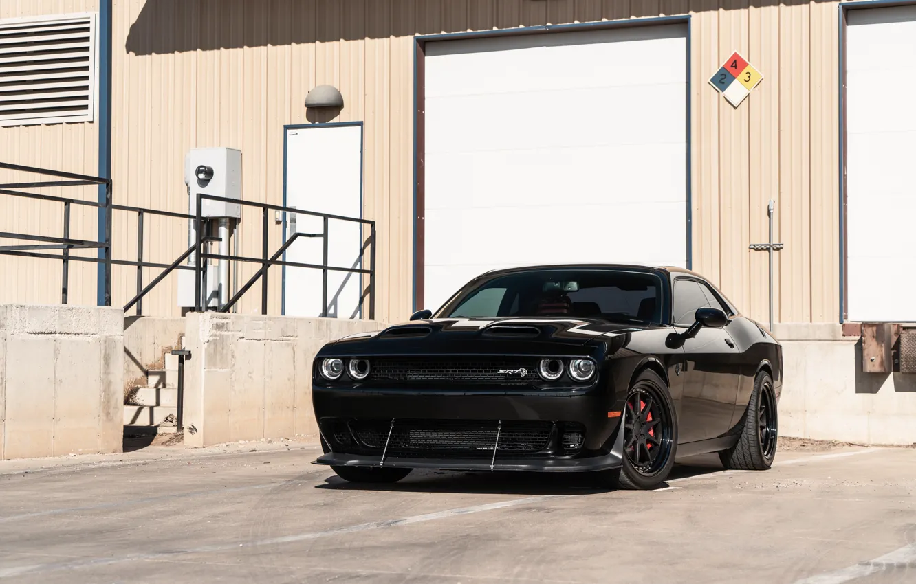 Photo wallpaper black, dodge, challenger, front view, srt hellcat