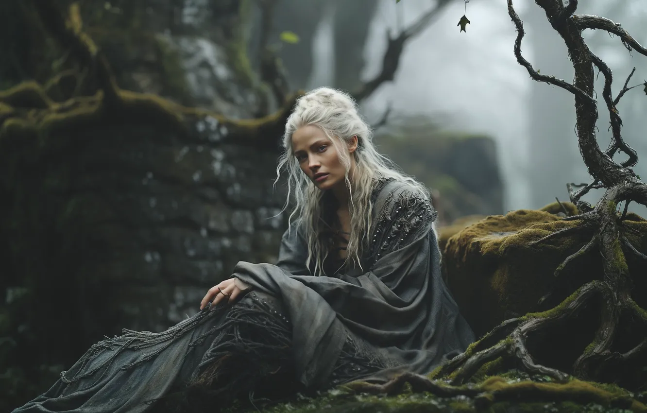 Photo wallpaper look, girl, trees, branches, nature, pose, fog, stones