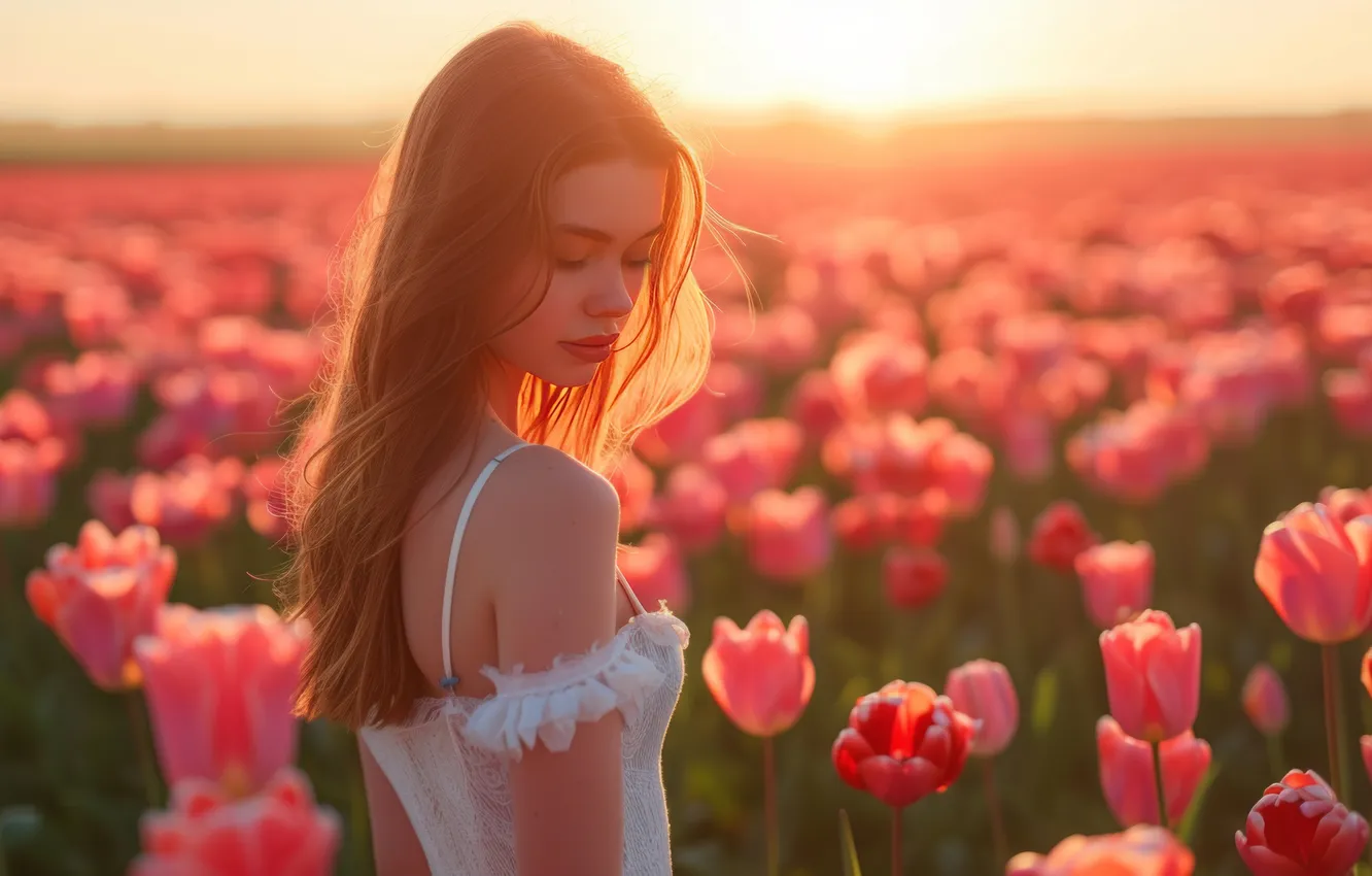 Photo wallpaper field, girl, the sun, light, flowers, pose, dawn, spring